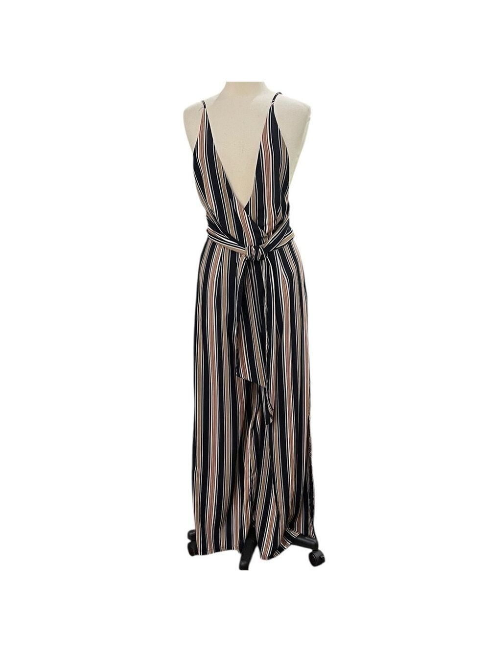 Hommage from Los Angeles Surplice Bust Side Slit Jumpsuit SZ L Navy Tan Stripe
